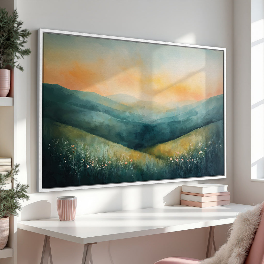Framed Wall Art: Abstract landscape Canvas Print in teal, gold, and orange. Modern art for home decor, perfect for a serene interior.