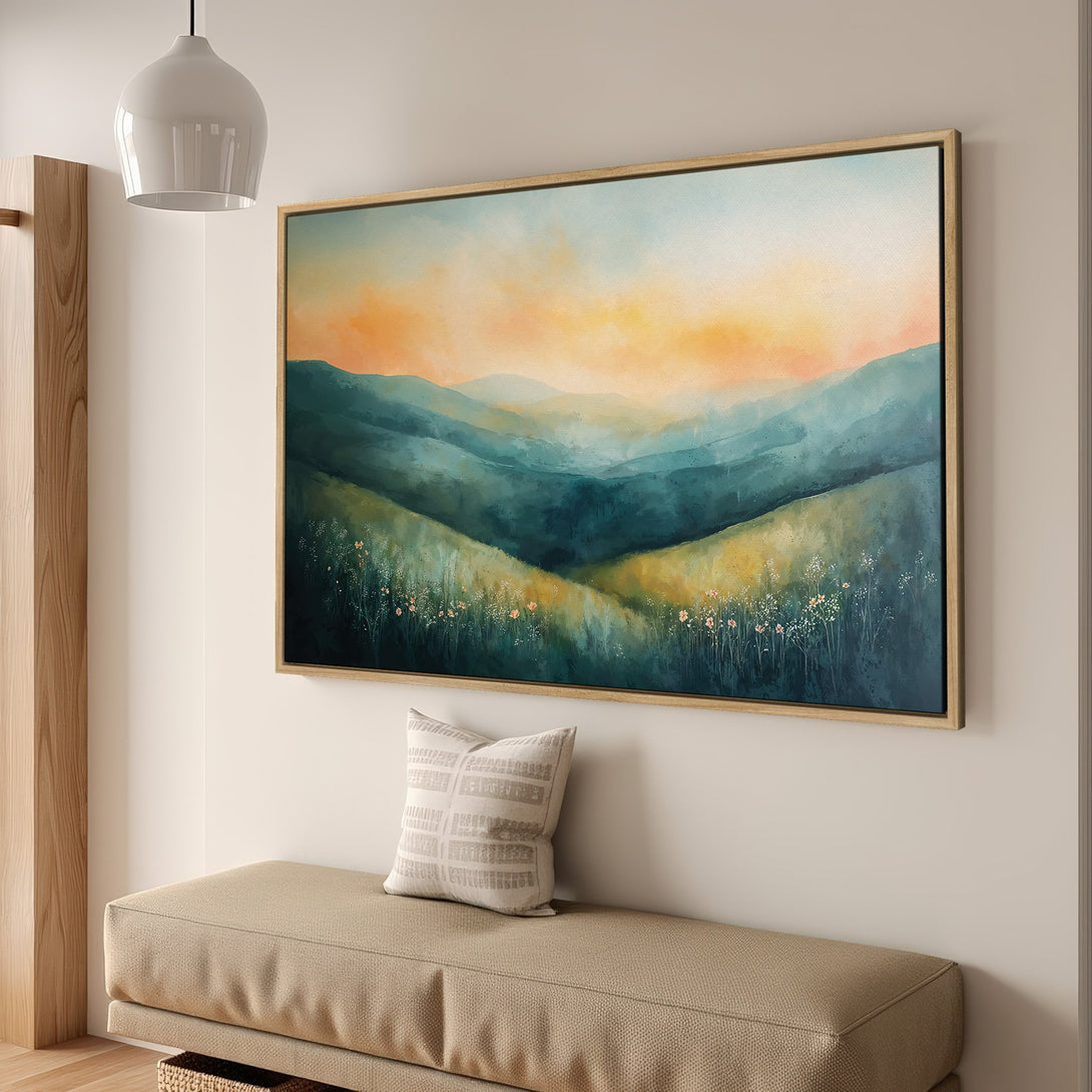 Framed Wall Art: Abstract landscape Canvas Print with teal, orange, and yellow hues. Modern art for living room or bedroom decor.