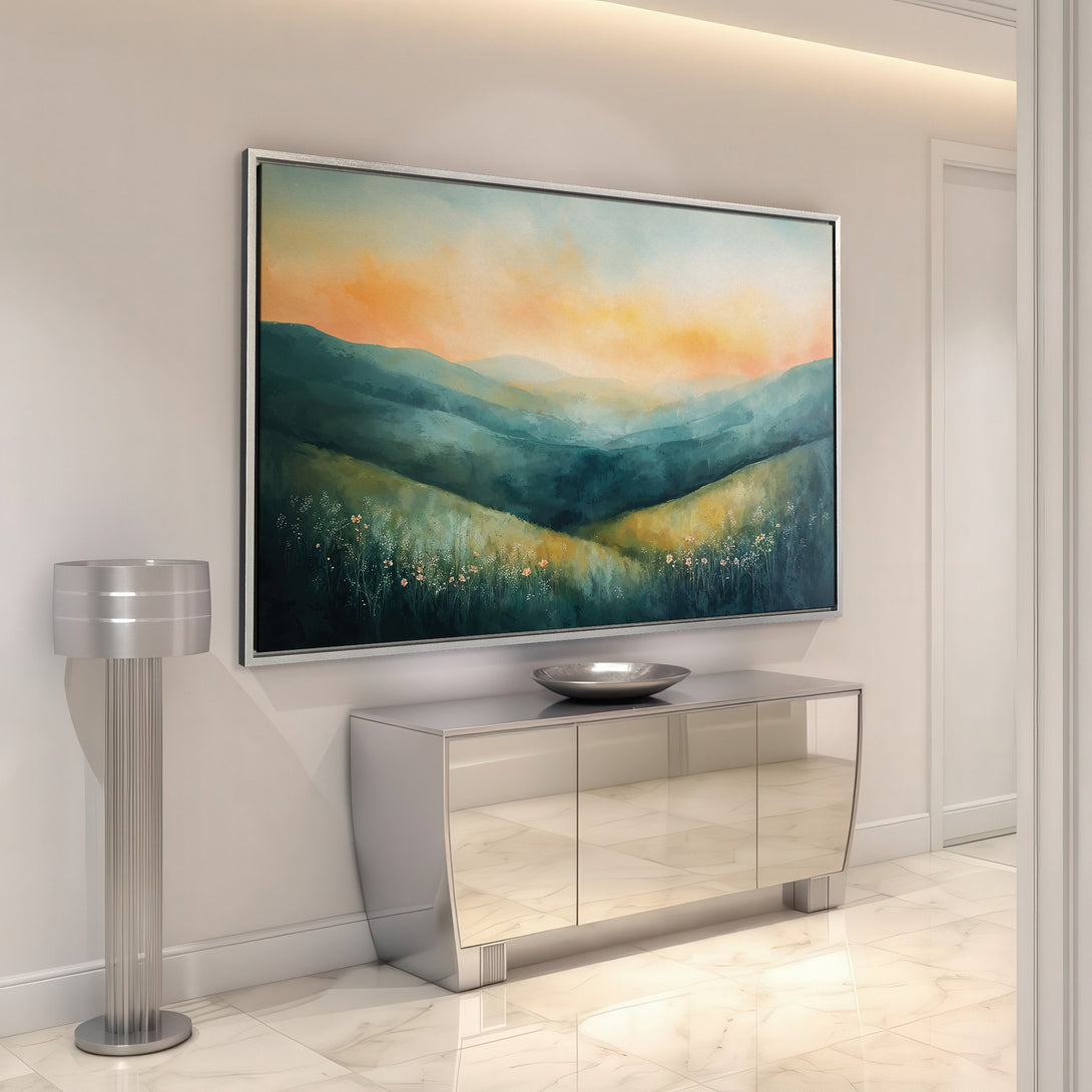 Framed Wall Art: Abstract landscape Canvas Print with teal, orange, and yellow hues, displayed in a modern interior setting. Perfect for home decor!