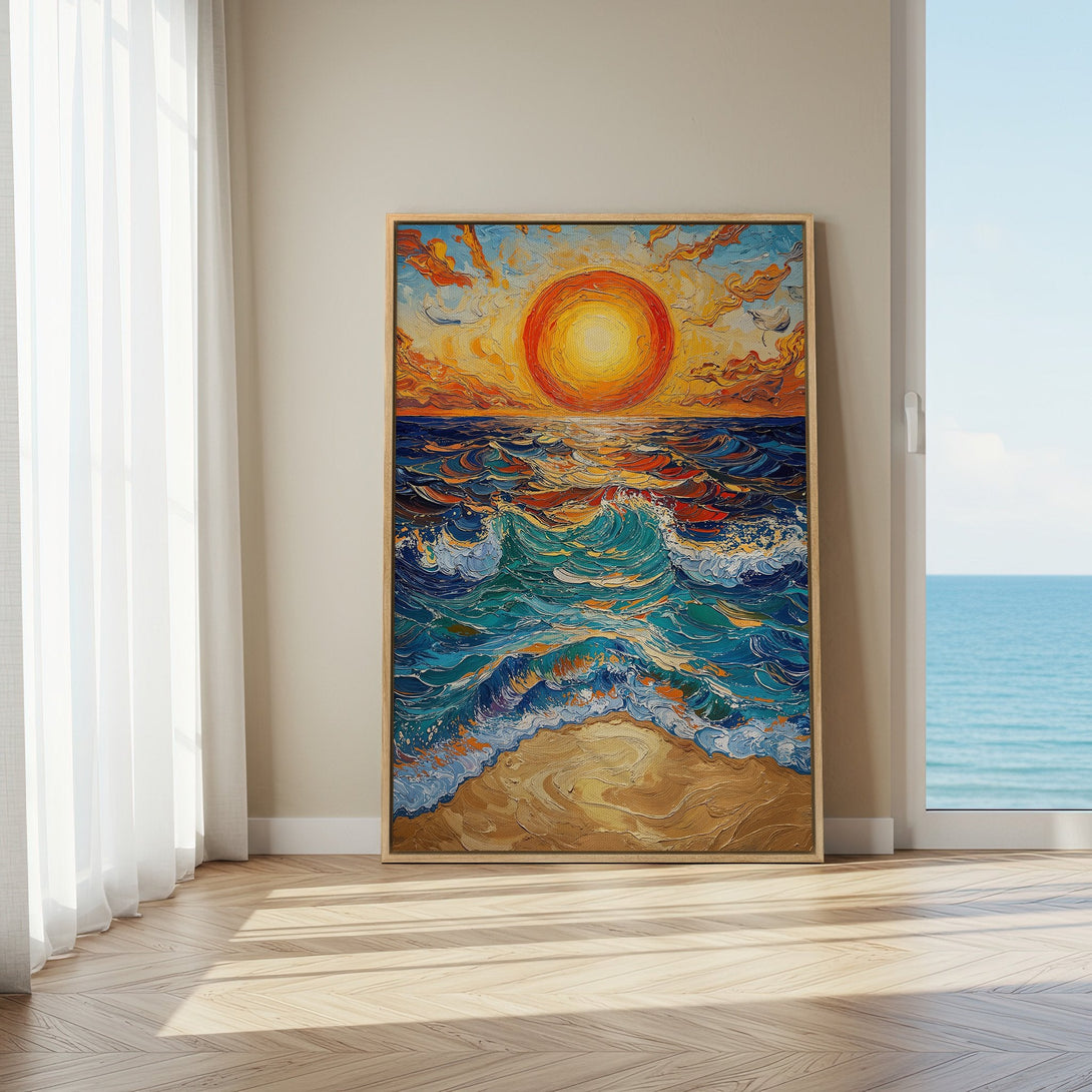 Framed Wall Art: Stunning ocean sunset painting with a vibrant palette of blues, oranges, and yellows. Perfect for coastal decor.