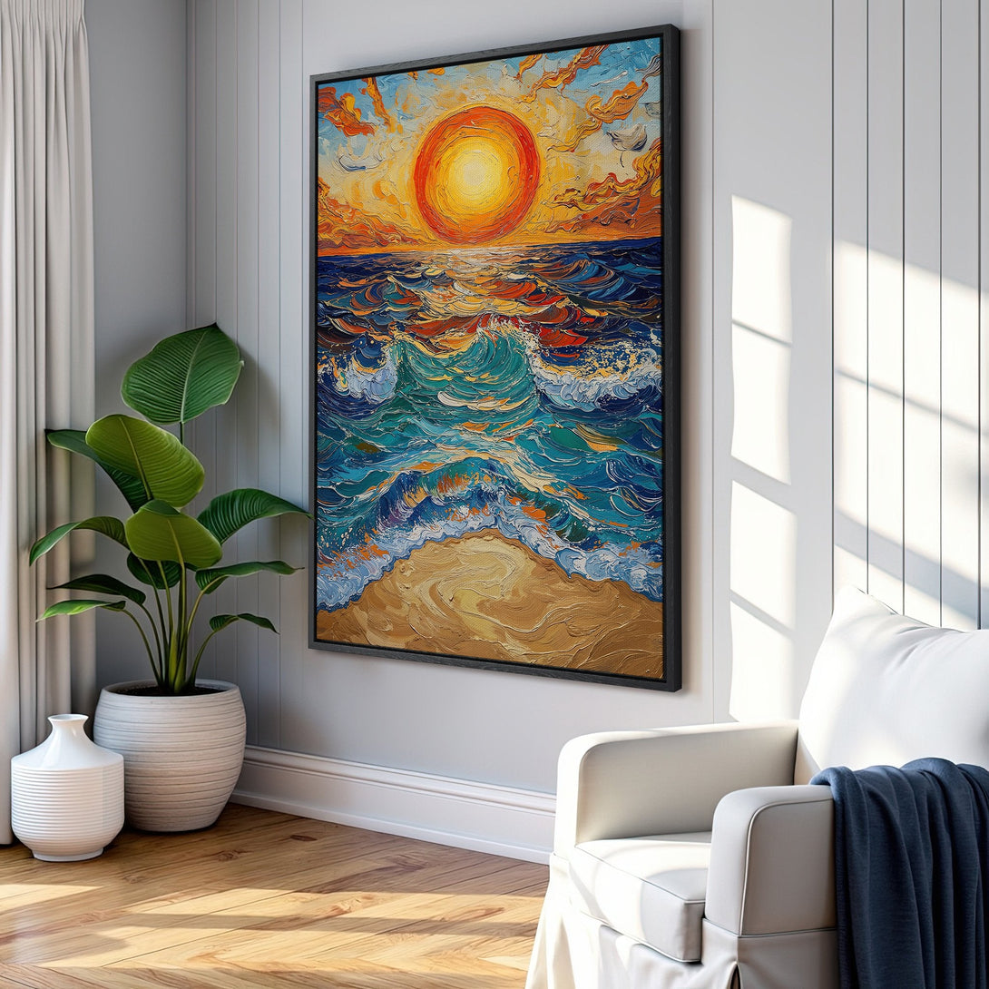 Framed Wall Art: Coastal sunset canvas print in vibrant blues, oranges, and yellows. Textured, impressionistic style, perfect for living room decor.