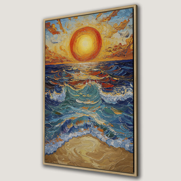 Framed Wall Art: Ocean sunset canvas print with vibrant blues, oranges, and yellows. Impressionistic style seascape perfect for coastal decor.