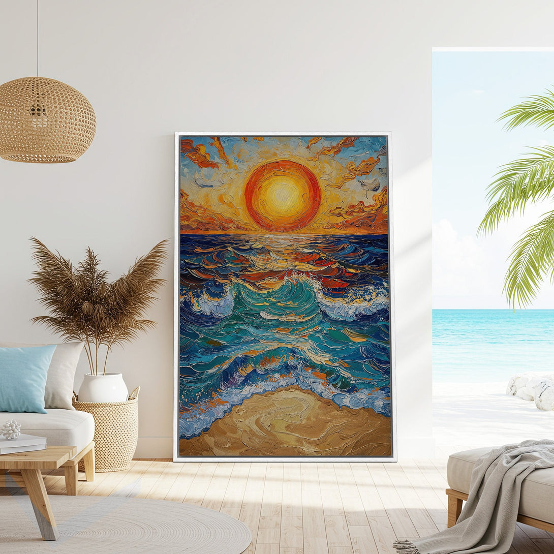 Framed Wall Art: Coastal sunset painting in warm orange, blue, and gold tones. Textured brushstrokes evoke a calming beach scene for your home decor.