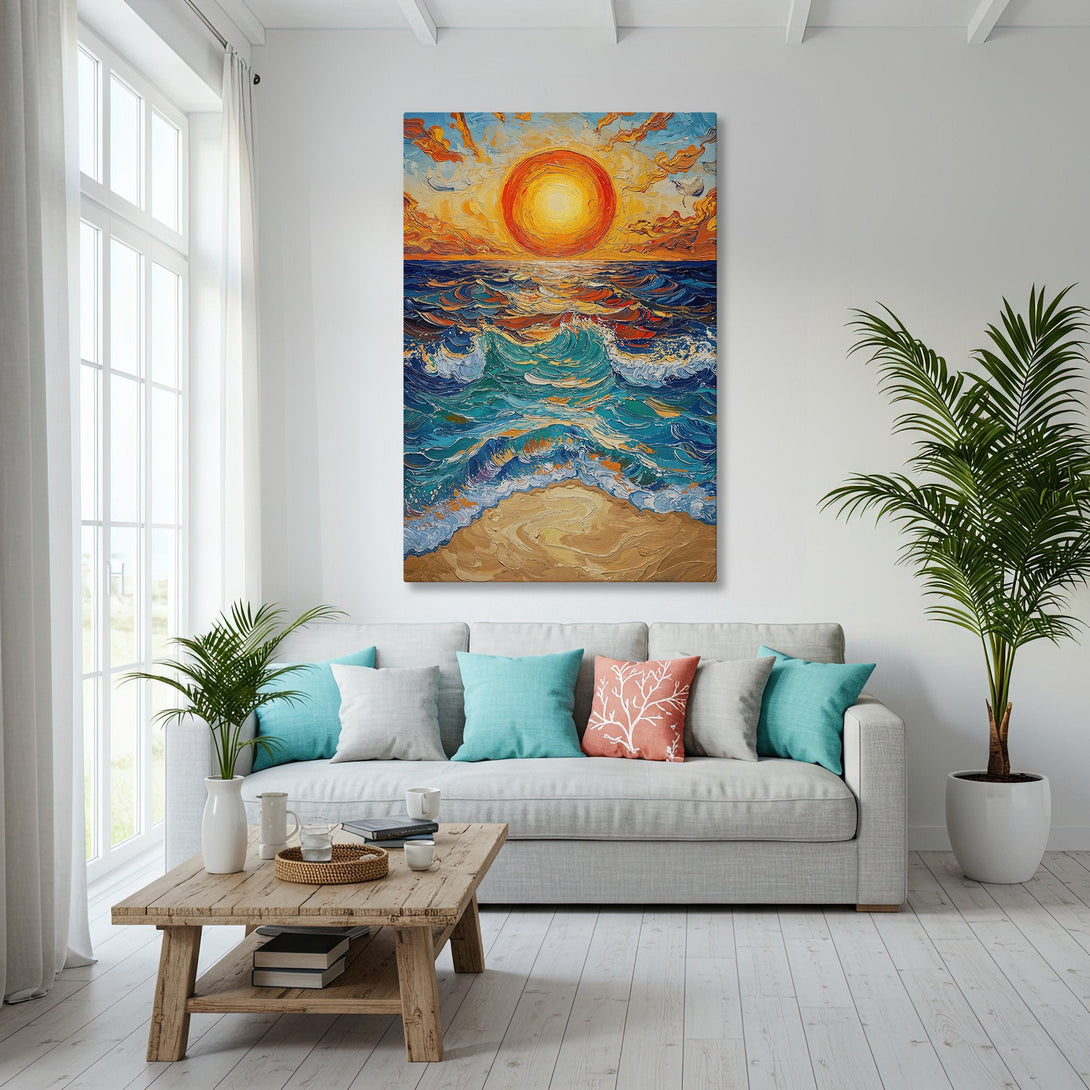 Framed Wall Art: Coastal sunset painting with vibrant blues, oranges, and yellows. Modern living room decor. Add a touch of the beach to your home!