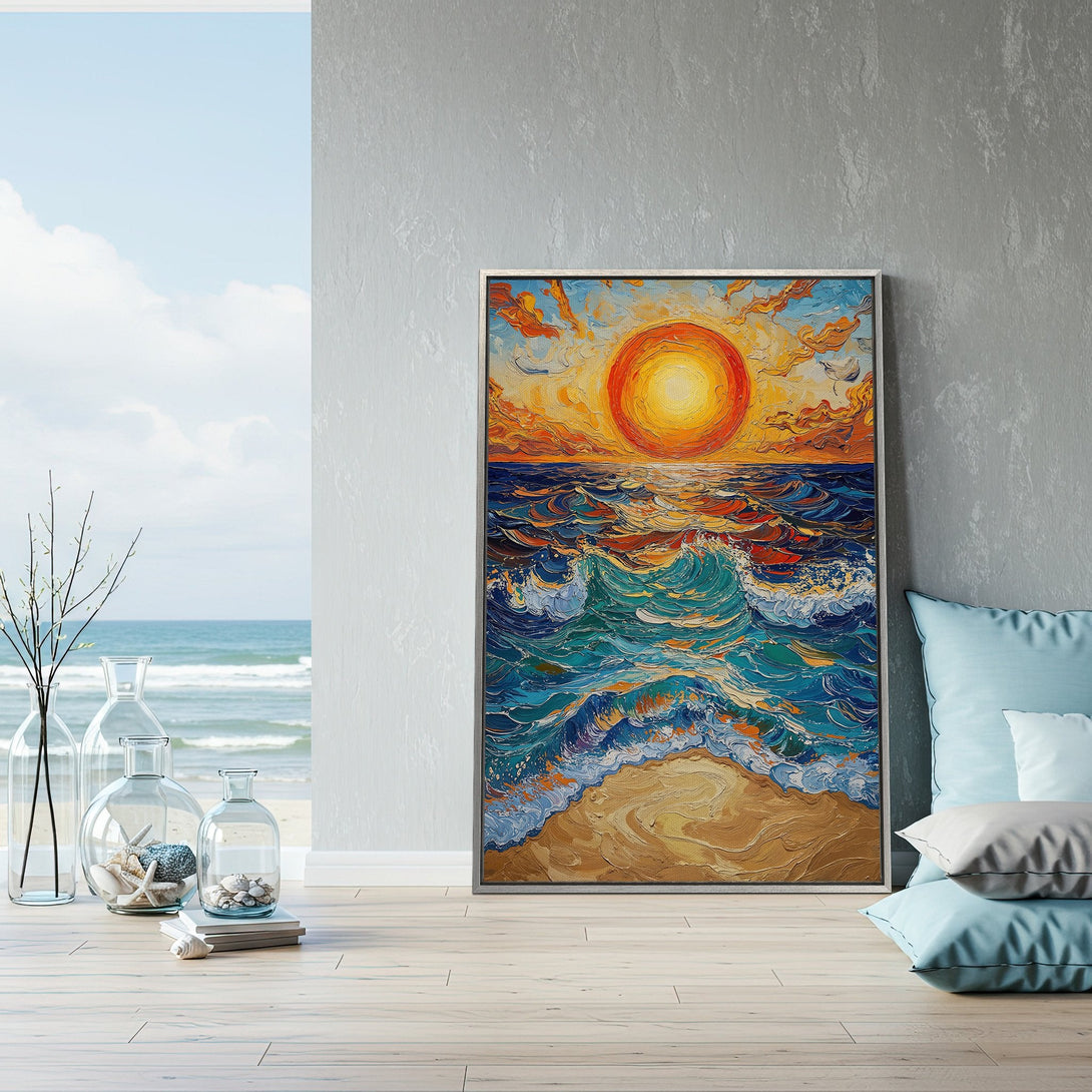 Framed Wall Art: Impasto style sunset over ocean. Vibrant blues, oranges, and yellows. Coastal art for a calming home.
