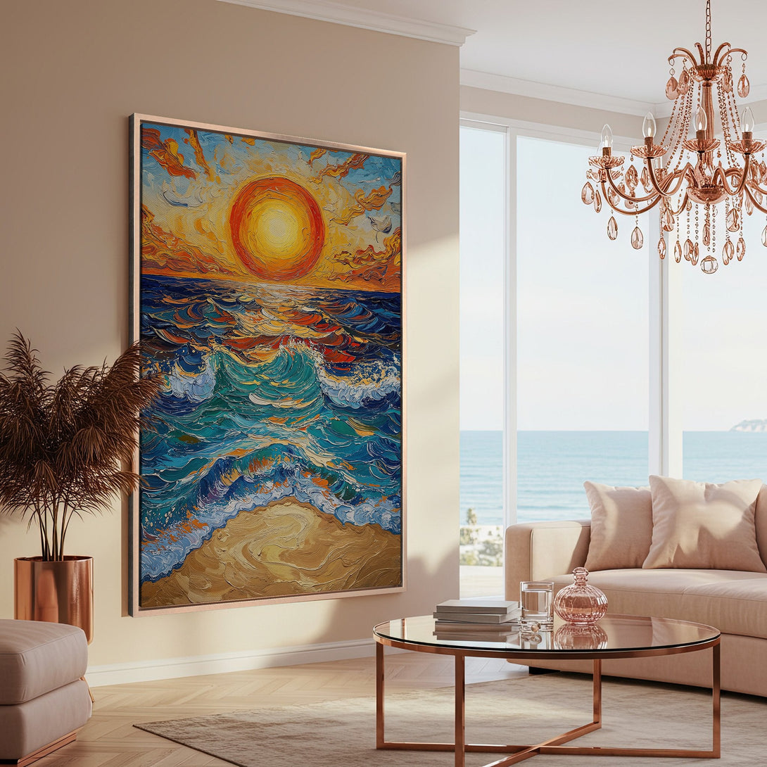 Framed Wall Art: Impasto sunset over ocean. Vibrant blue, orange, and yellow palette. Perfect coastal decor for your living room.