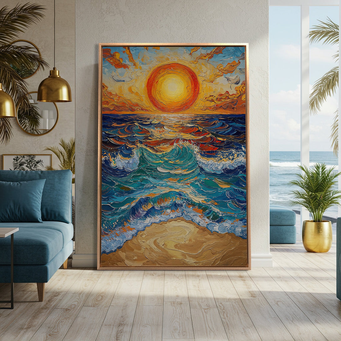 Framed Wall Art: Impasto sunset over ocean. Bold brushstrokes in vibrant blues, oranges, and yellows. Adds coastal charm to any space. Shop now!