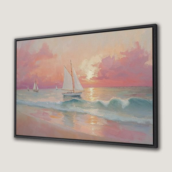 Canvas Print of a sailboat scene at sunset. Coastal art with a warm, pink and orange color palette. Perfect for beach house decor.