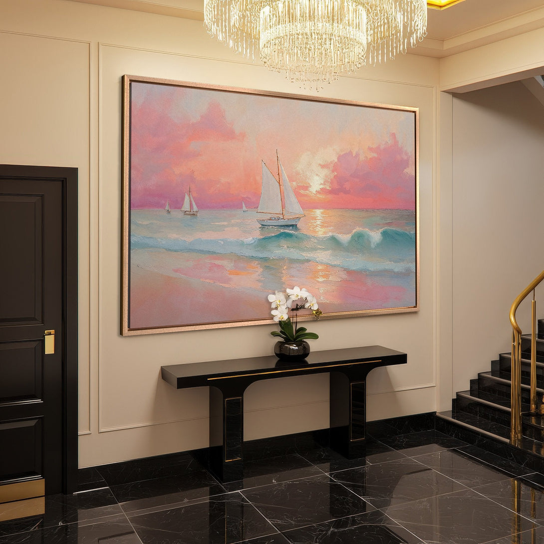 Framed Wall Art: Sailboats at sunset, coastal painting in pink and teal hues. Adds a touch of elegance to any space.