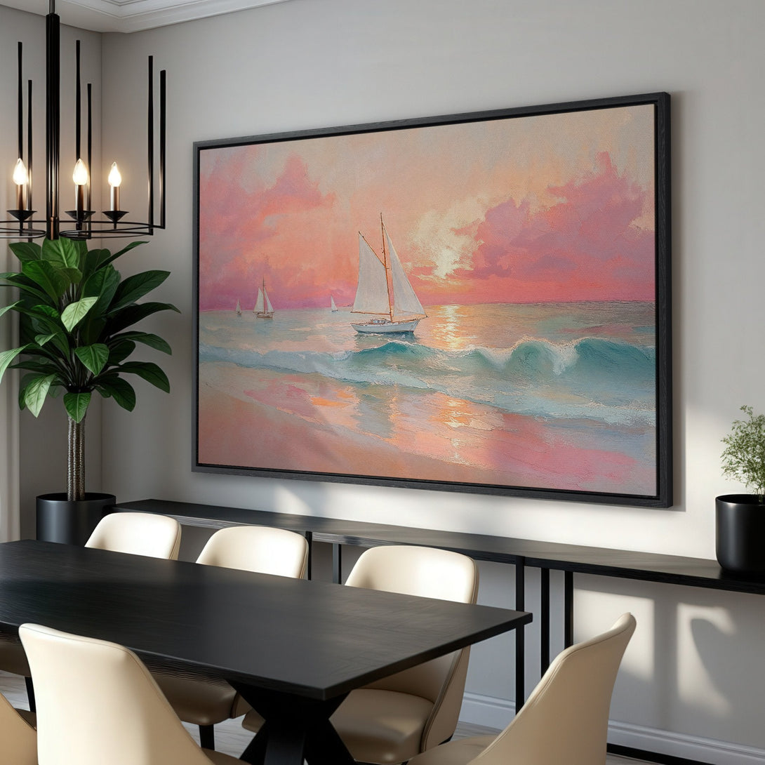 Framed Wall Art: Sailboat painting with sunset colors. Coastal style Canvas Print in pink, teal, and orange tones, perfect for dining room decor.