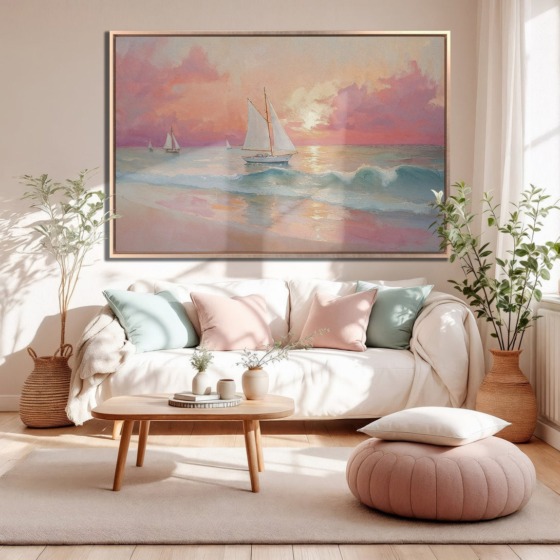 Framed Wall Art: Sailboat painting in a coastal style with a pink and blue sunset color palette. Perfect for adding a touch of serenity to your home.
