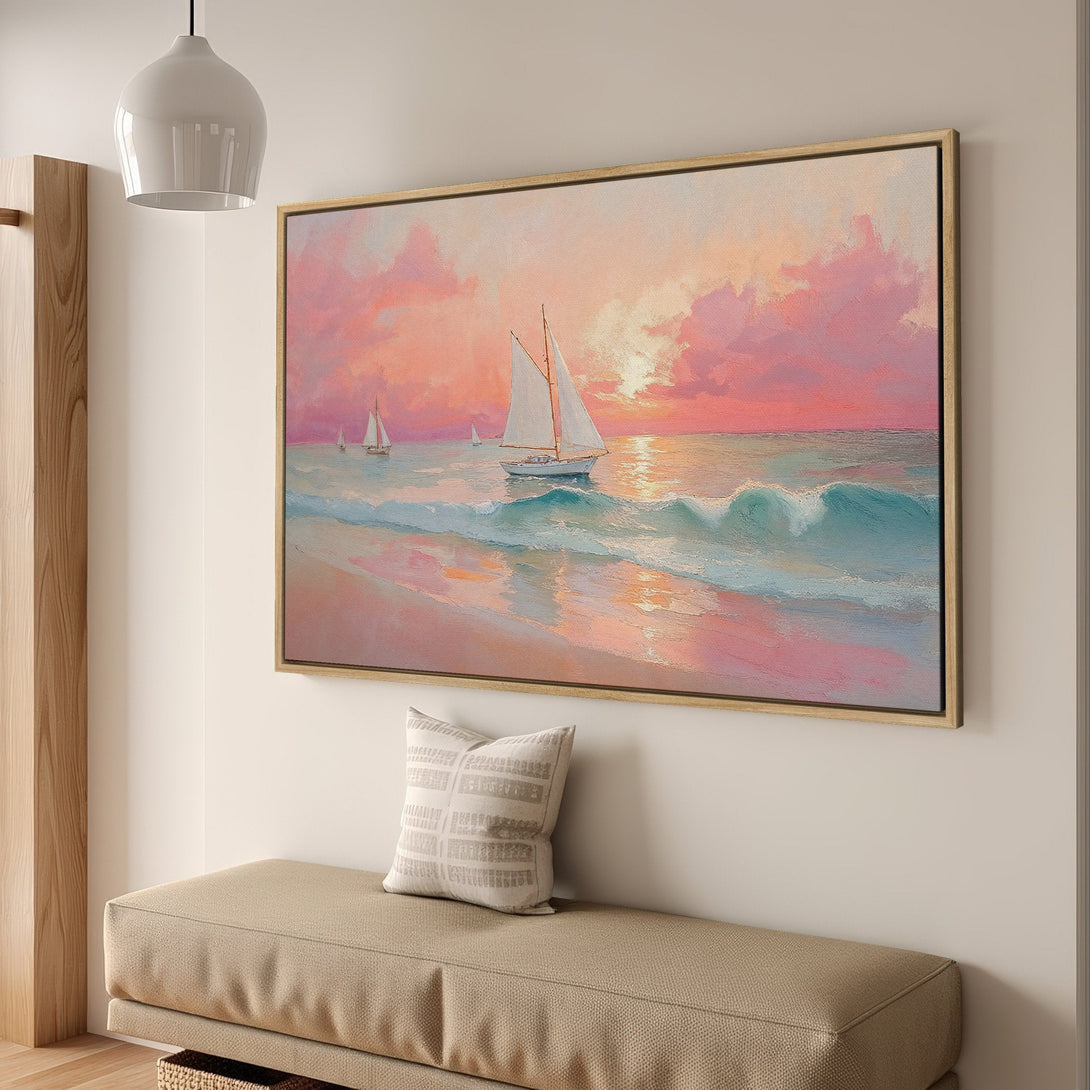 Framed Wall Art: Coastal sunset painting with sailboats. Romantic, impressionistic style in pink, teal, and gold hues. Perfect for adding warmth to any space.