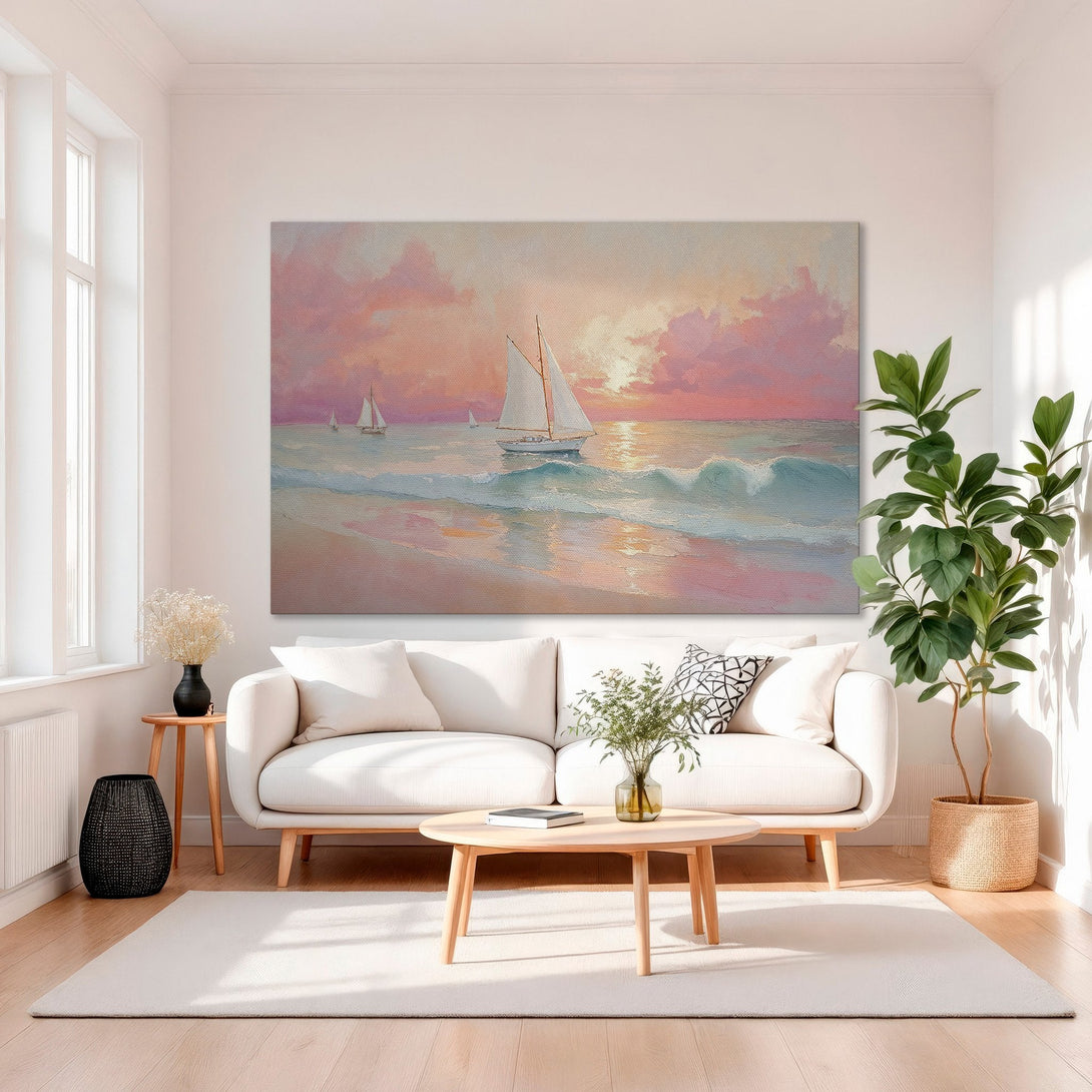 Framed Wall Art: Coastal sunset painting with sailboats. Romantic art in pink, gold, and blue. Perfect for adding a touch of elegance to your home.