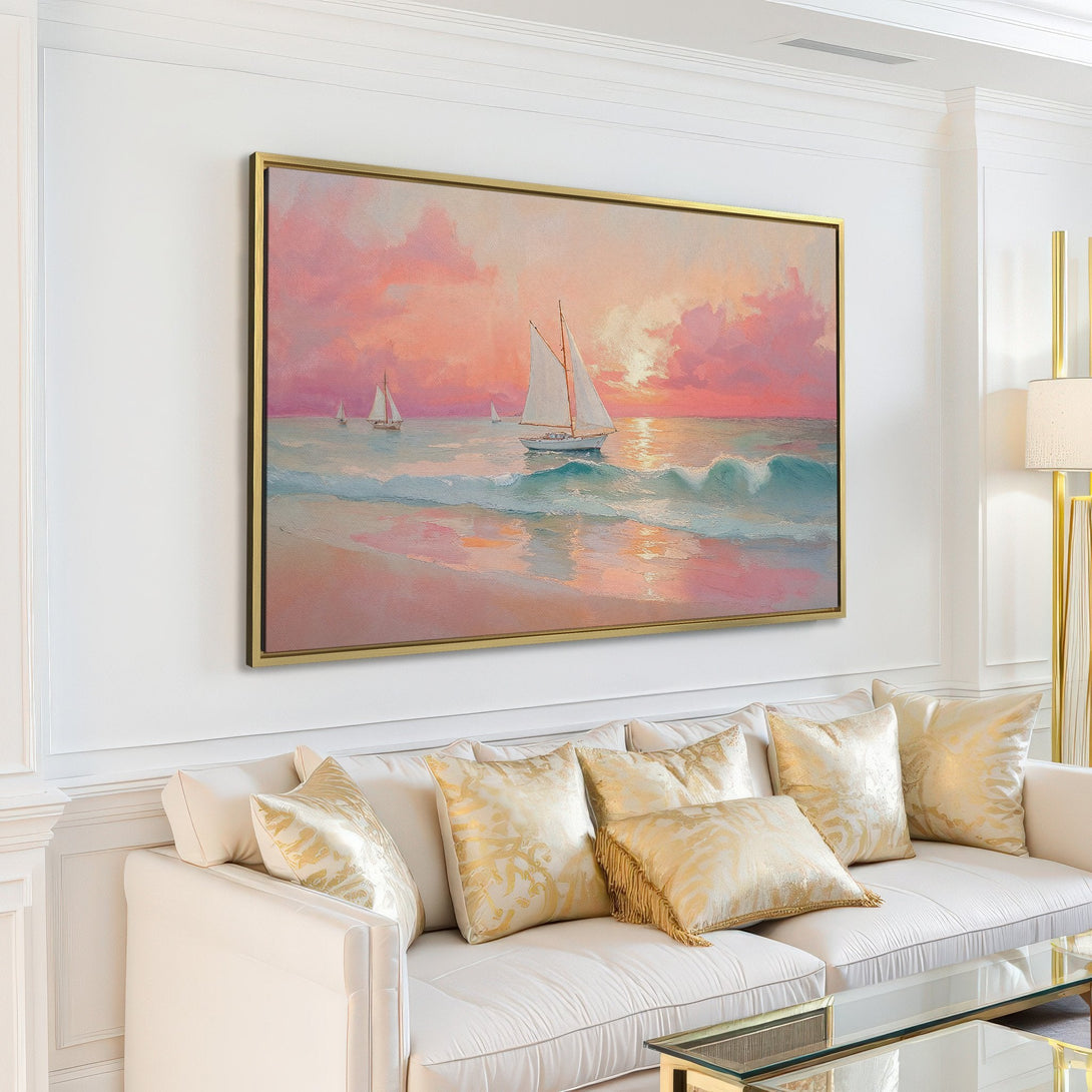 Canvas Print of a serene seascape with sailboats, painted in a soft, impressionistic style with a pink and blue color palette. Perfect for coastal decor.