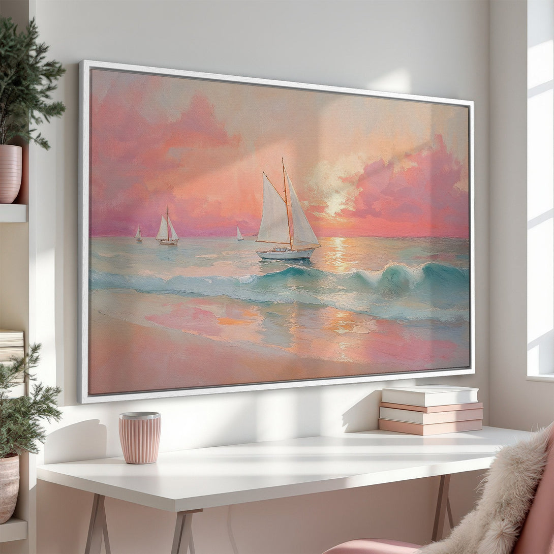 Framed Wall Art: Sailboats at sunset, impressionistic style, with a warm pink, orange, and blue color palette. Perfect for coastal decor.