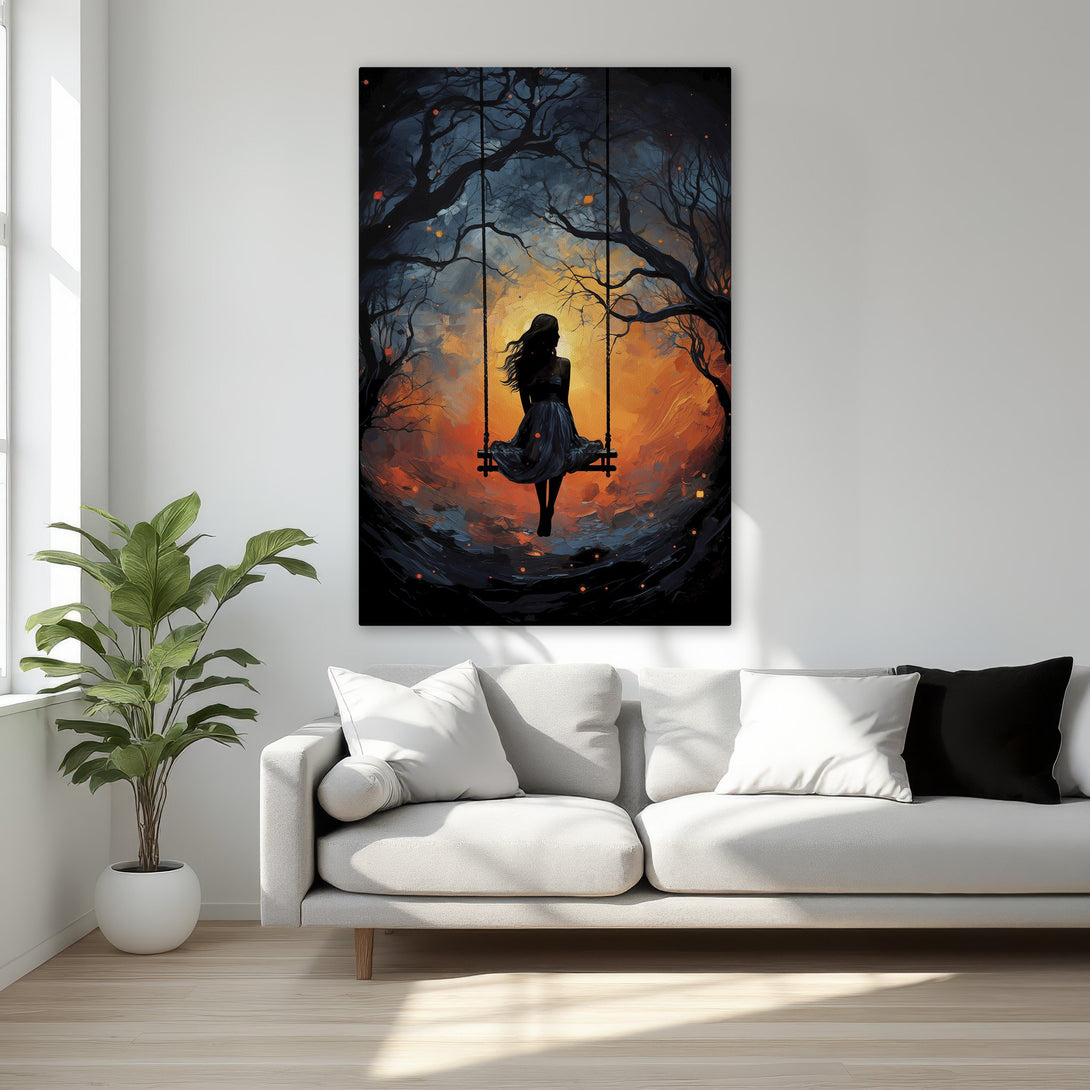 Framed Wall Art: Silhouette of a woman on a swing against a vibrant orange and blue backdrop. Artistic style, perfect for adding a touch of elegance to any room.