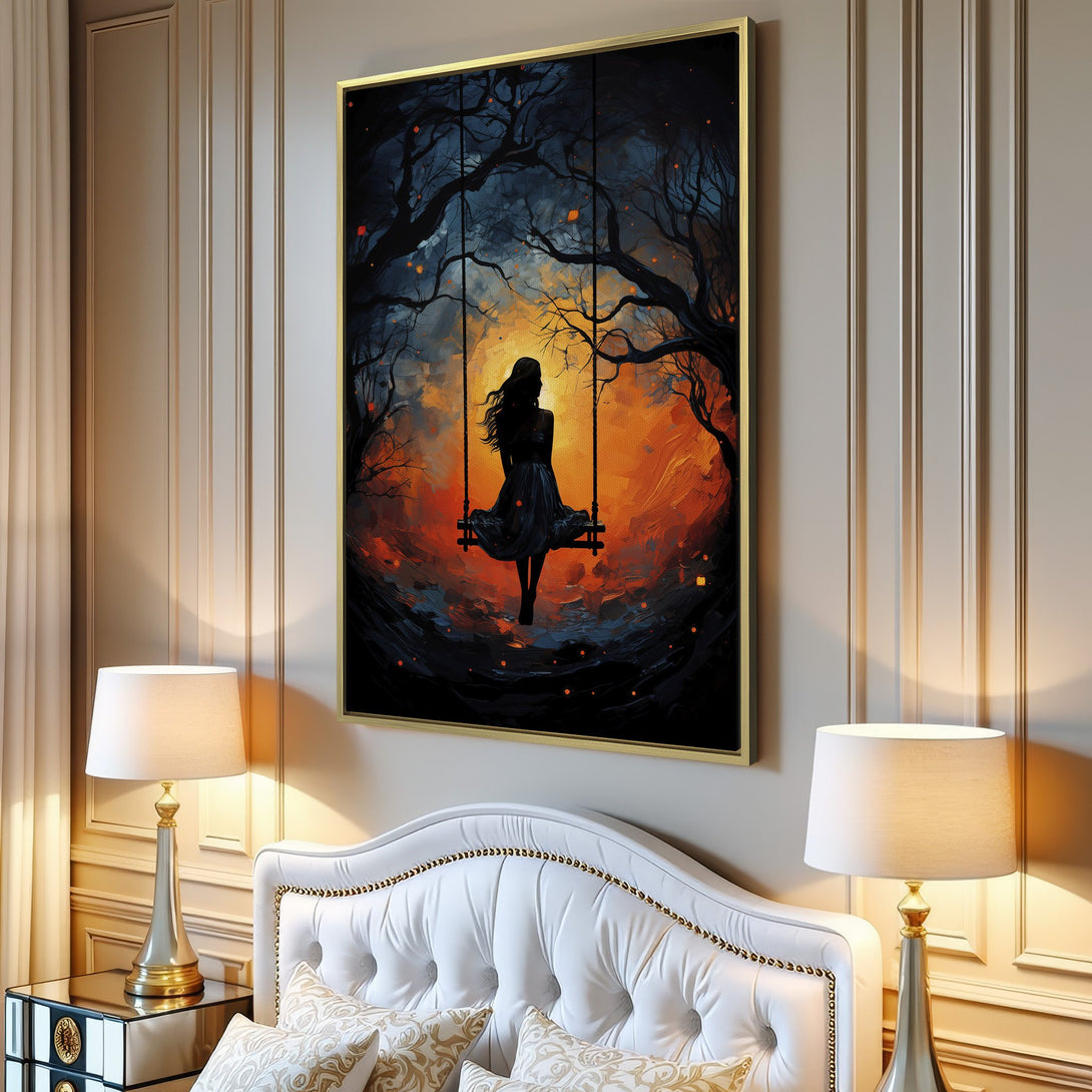 Canvas Print: Silhouette of a woman on a swing in a fantasy forest. Dramatic art with a warm orange and cool blue color palette. Perfect wall decor.