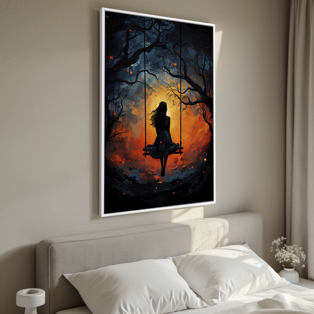 Framed Wall Art: Silhouette of woman on swing in a vibrant, abstract style. Warm orange and blue color palette creates a dreamy, artistic vibe.