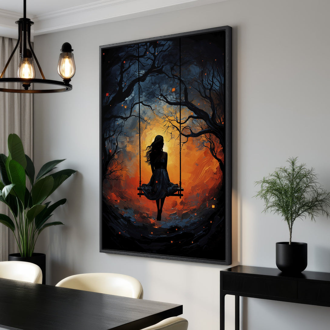 Framed Wall Art featuring a woman on a swing in a vibrant, impressionistic style. Stunning orange and blue color palette, perfect for adding art to your home.
