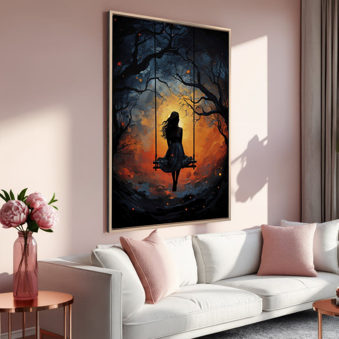 Framed Wall Art: Silhouette of a woman on a swing in a vibrant, painterly style. Features a warm orange and cool blue color palette, perfect for home decor.