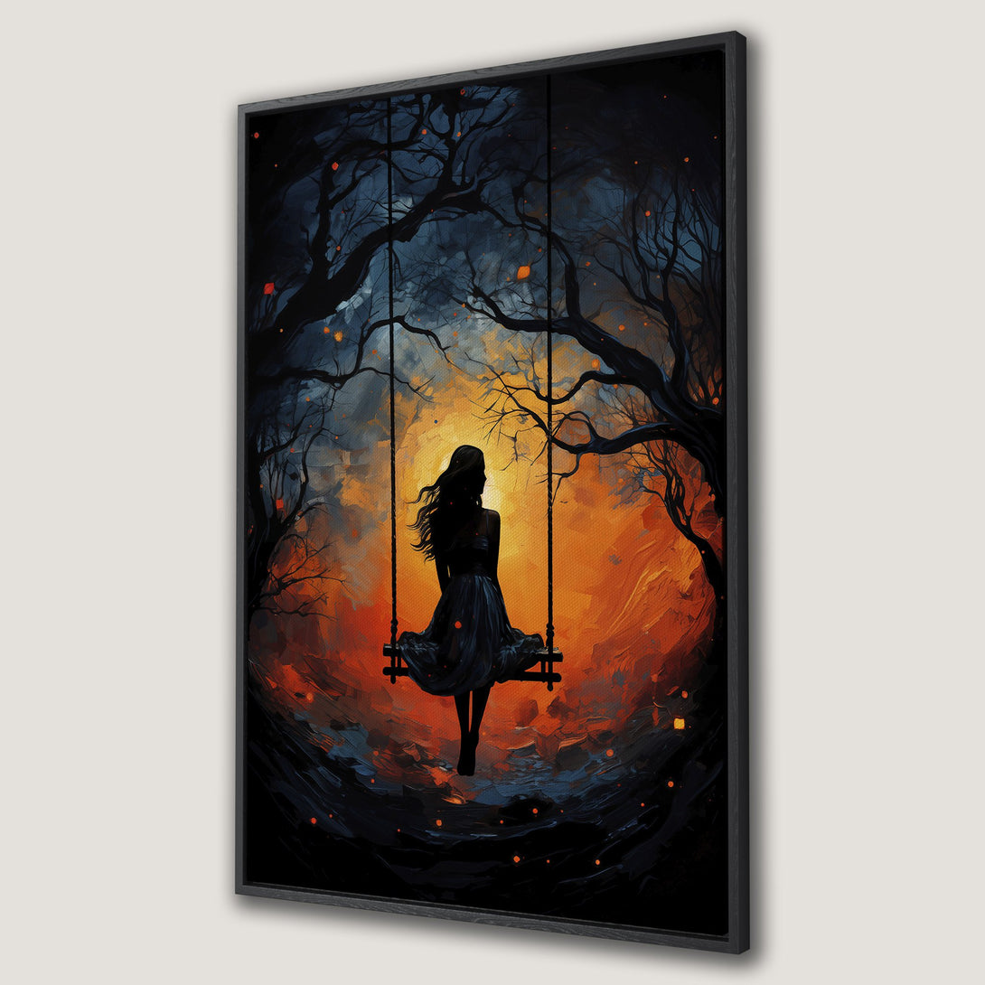Framed Wall Art: Silhouette of a woman on a swing against a fiery orange and blue backdrop. Artistic canvas print, perfect for adding drama and color to any space.