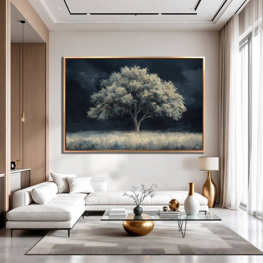 Framed Wall Art: Stunning tree painting in a modern interior. Features a moody, dark blue and white color palette, perfect for adding elegance.
