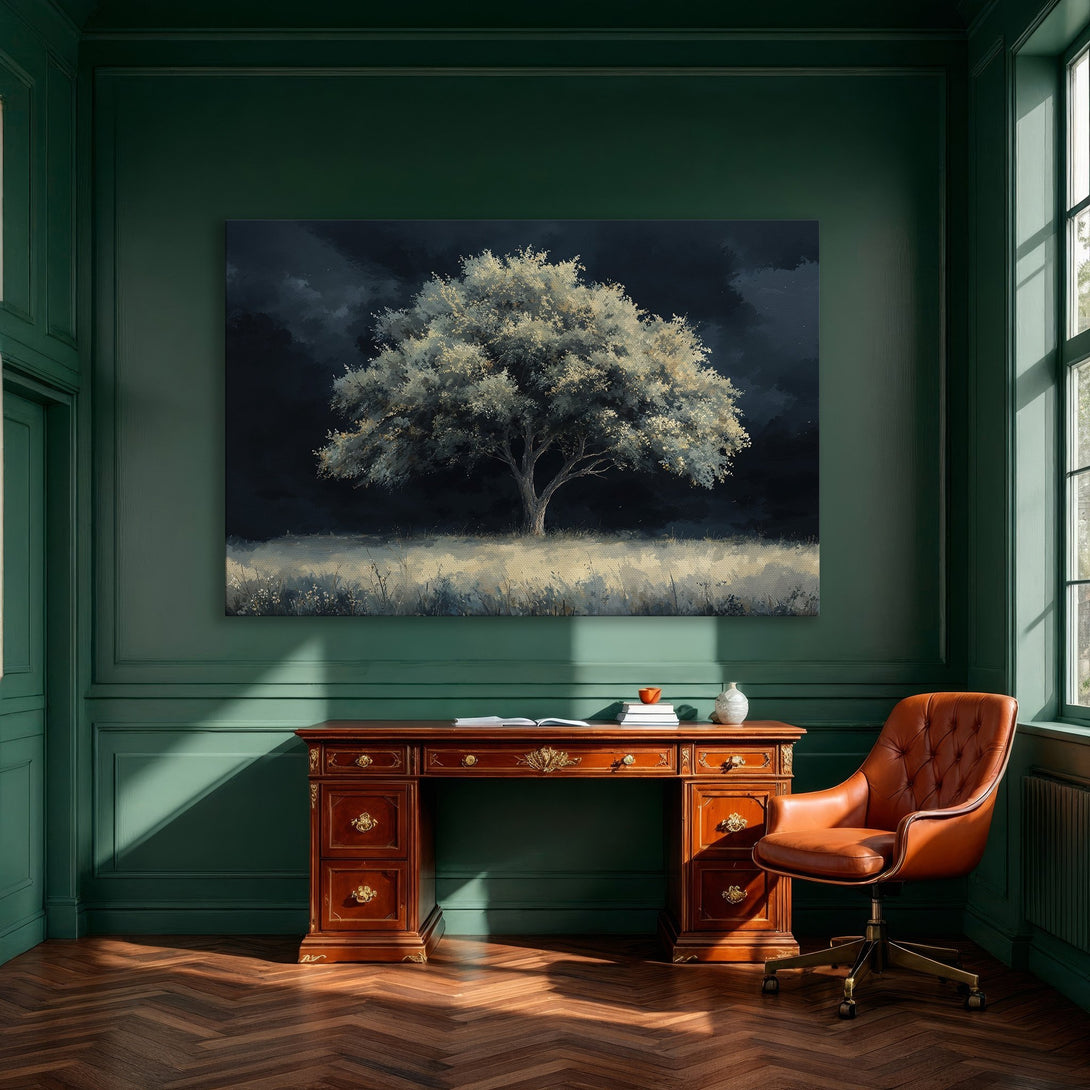 Framed Wall Art: Abstract tree painting in a dark, moody style with a gold frame. Evokes a sense of calm and elegance. Dark blue and cream color palette.