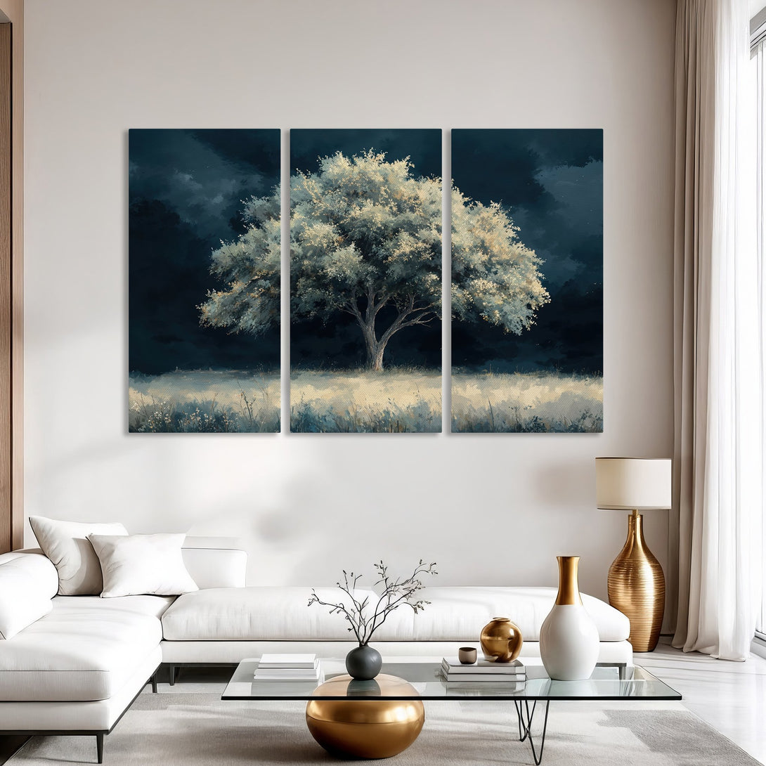 Canvas Print of a serene tree painting in a moody, painterly style with a dark blue and neutral color palette. Perfect for modern decor.