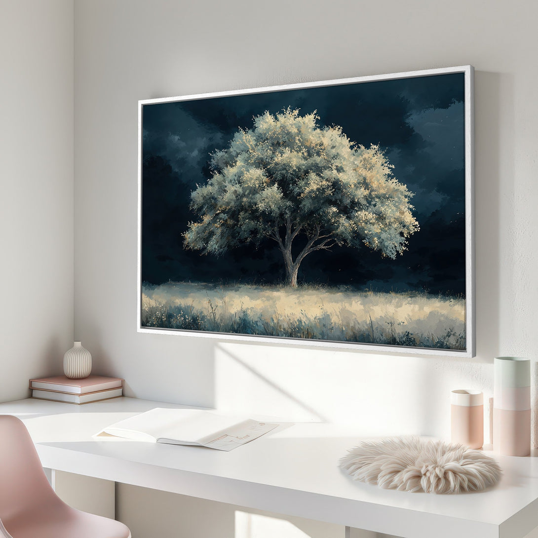 Framed Wall Art: Majestic tree painting in a moody, painterly style with a dark blue and cream color palette. Perfect for adding a touch of nature.