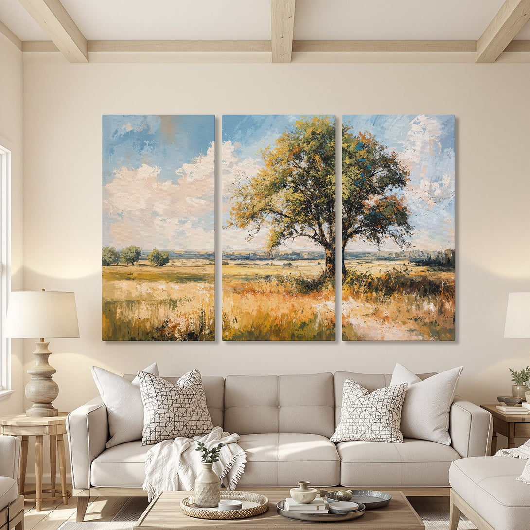 Canvas Print of a serene landscape painting with a tree, featuring a warm, earthy color palette. Perfect wall art for your home!