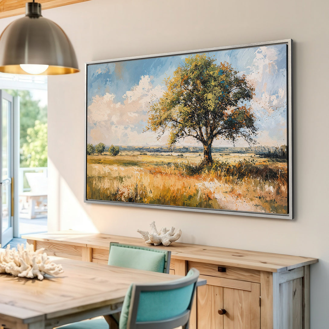 Framed Wall Art of a majestic tree in a field, showcasing a warm, impressionistic style with a natural color palette. Perfect for adding a touch of nature.