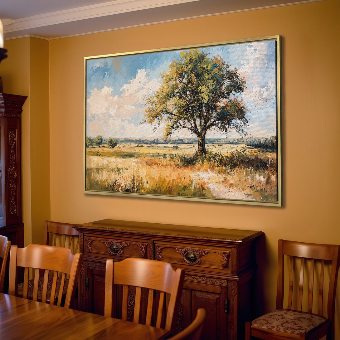 Canvas Print of a serene landscape painting in warm earth tones, perfect for adding a touch of nature to your living room decor.