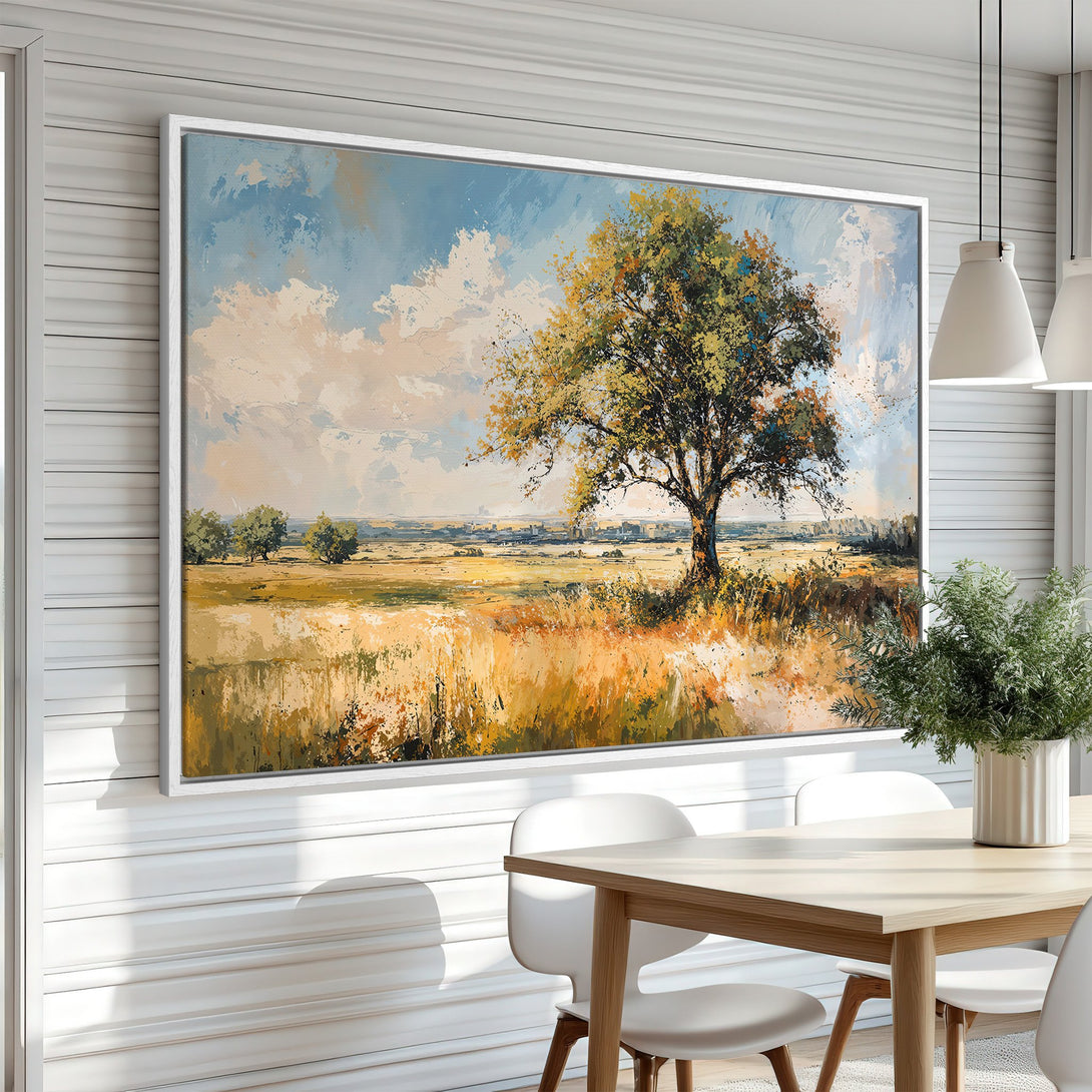 Framed Wall Art: Landscape Canvas Print with a tree in a field. Warm, earthy tones with blue sky. Perfect for modern farmhouse decor.