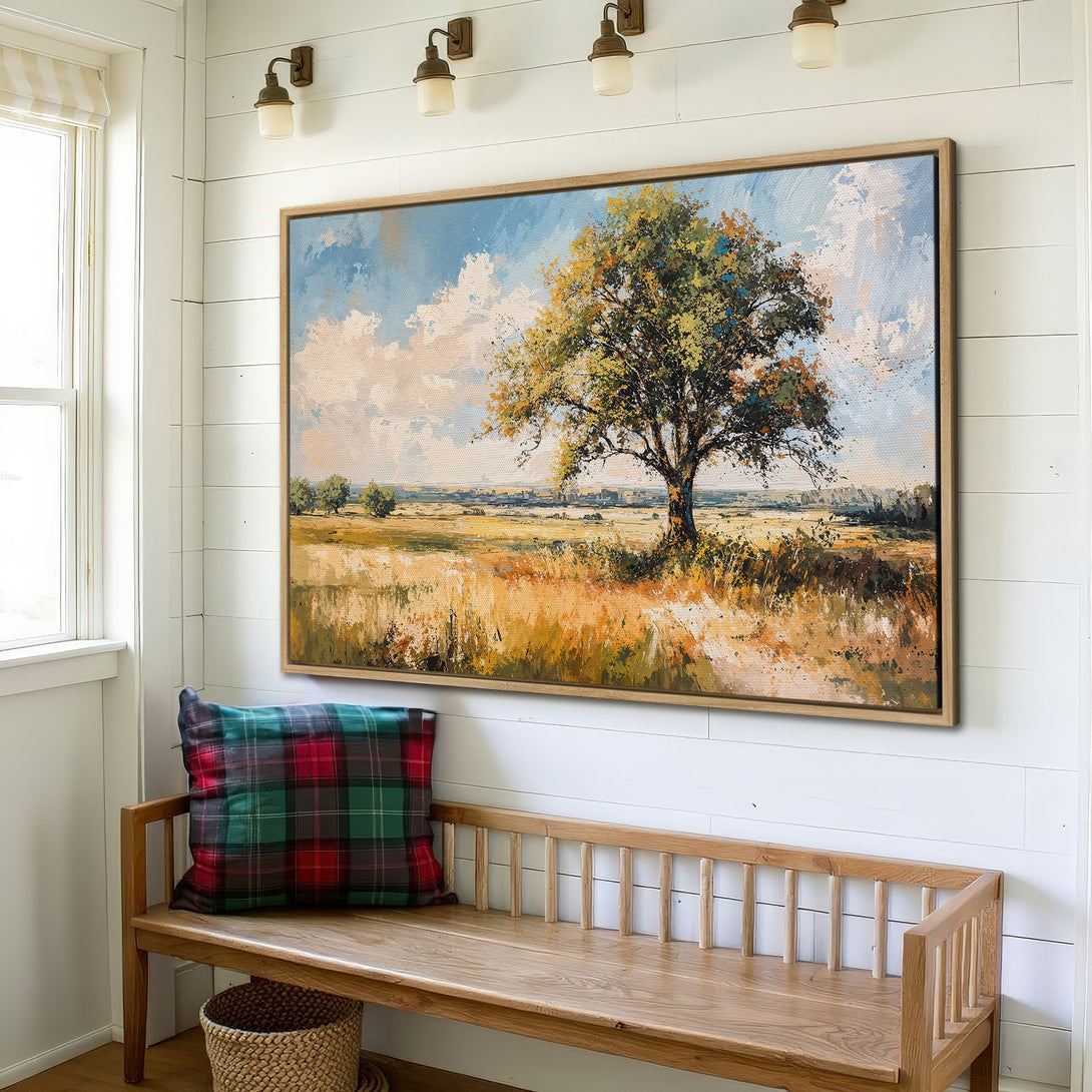 Framed Wall Art: Landscape Canvas Print with a tree in a field, featuring warm yellows, greens, and blues. Rustic art for home decor.