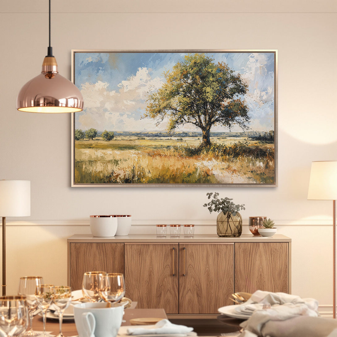 Framed Wall Art: Landscape Canvas Print featuring a serene tree scene with a warm, earthy color palette. Perfect for living room or dining room decor.