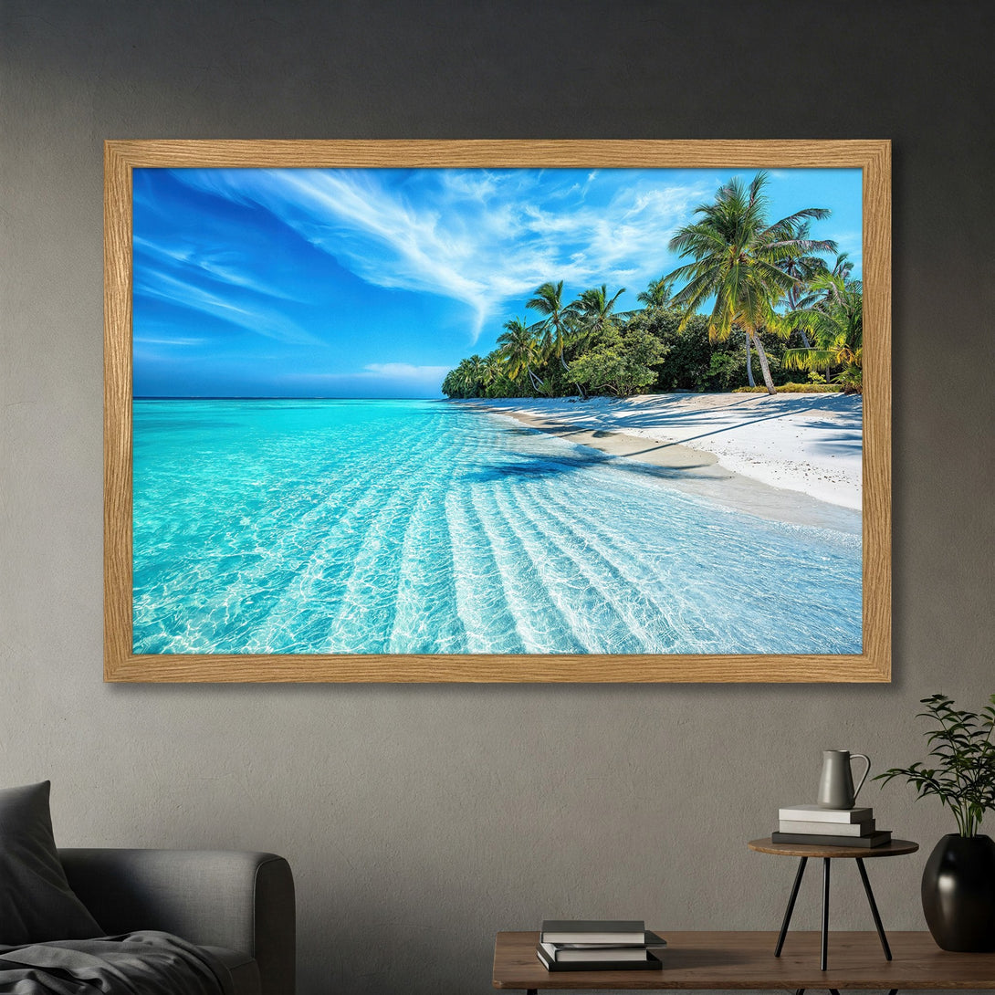 Framed Poster of a tropical beach scene with turquoise water and palm trees, vibrant blue and green color palette.