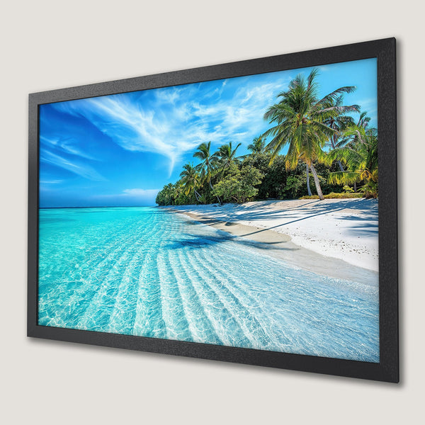 Framed Poster of tropical beach scene. Blue and turquoise waters, palm trees, and white sand. Perfect wall art!