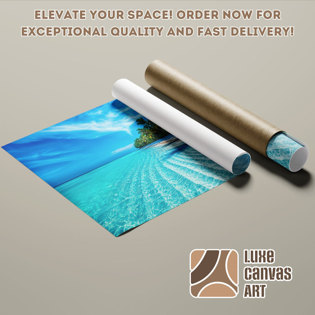 Beach scene poster roll with vibrant blue and turquoise colors. Elevate your space with this stunning Poster!