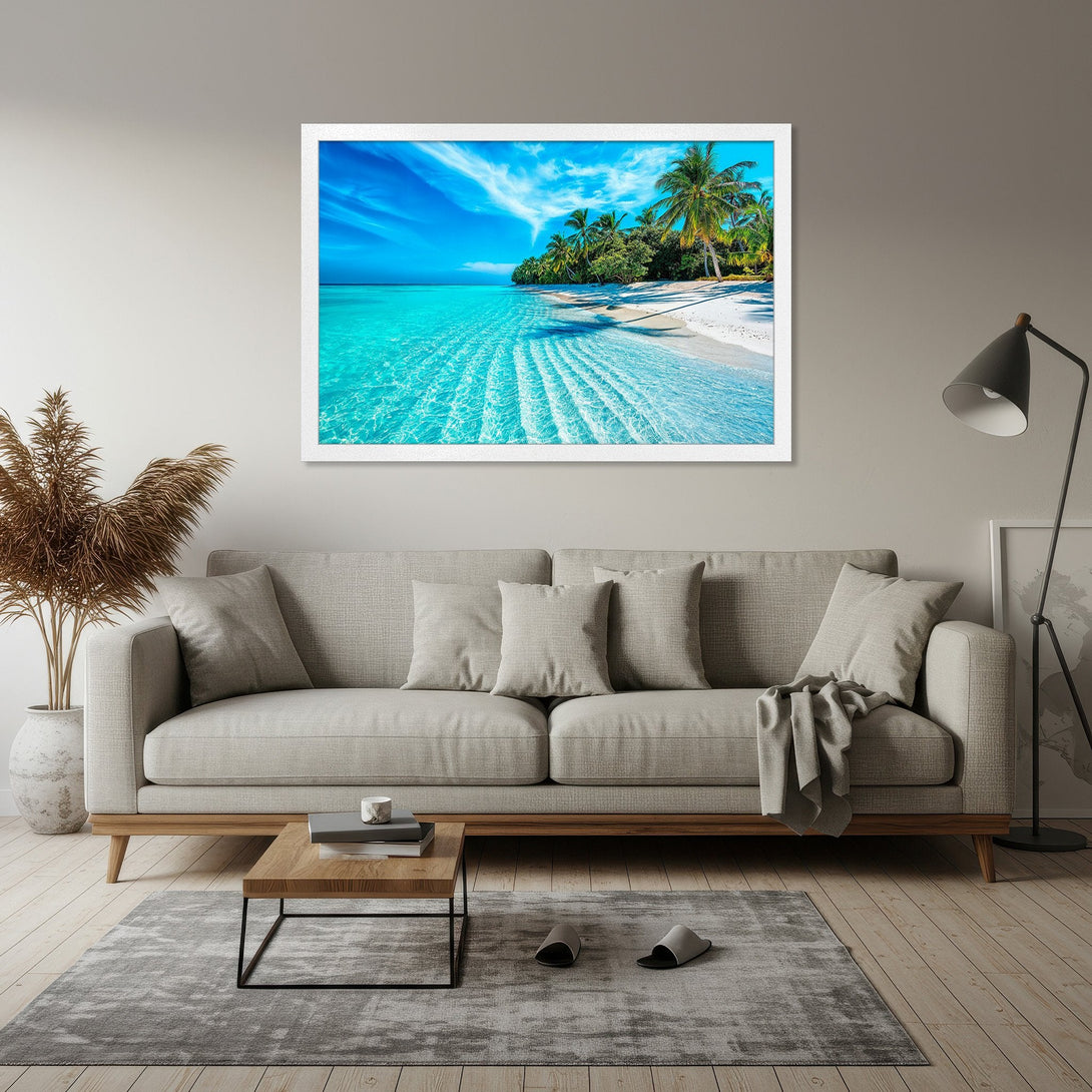 Framed Poster of tropical beach scene with turquoise water and palm trees. Coastal style, blue and green color palette.