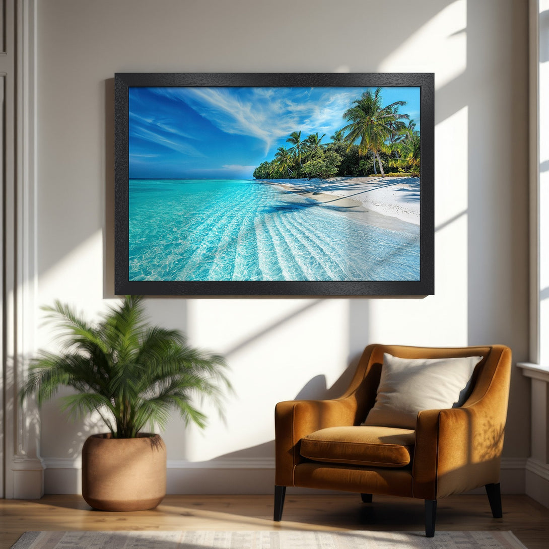 Framed Poster of tropical beach scene. Coastal style, blue, turquoise and white color palette. Bring the beach to your home!