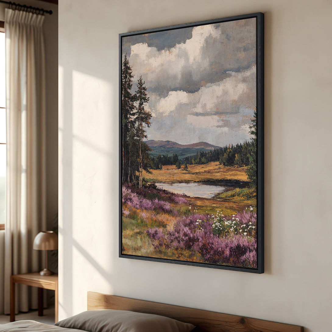 Framed Wall Art: Landscape painting with purple flowers, trees, and lake. Rustic style, warm color palette. Perfect for bedroom decor.
