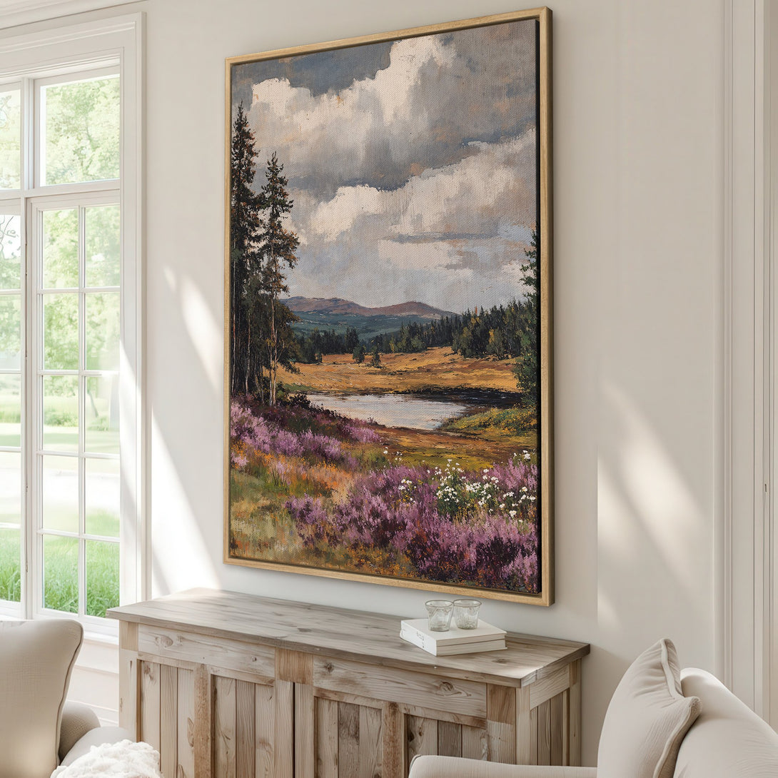 Framed Wall Art: Landscape painting with purple flowers and serene lake, in a neutral color palette. Perfect for adding a touch of nature to your home.