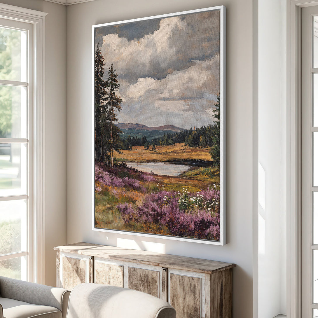 Framed Wall Art: Landscape painting with purple flowers, trees, and a lake. Earthy tones create a calming, nature-inspired aesthetic for your home.