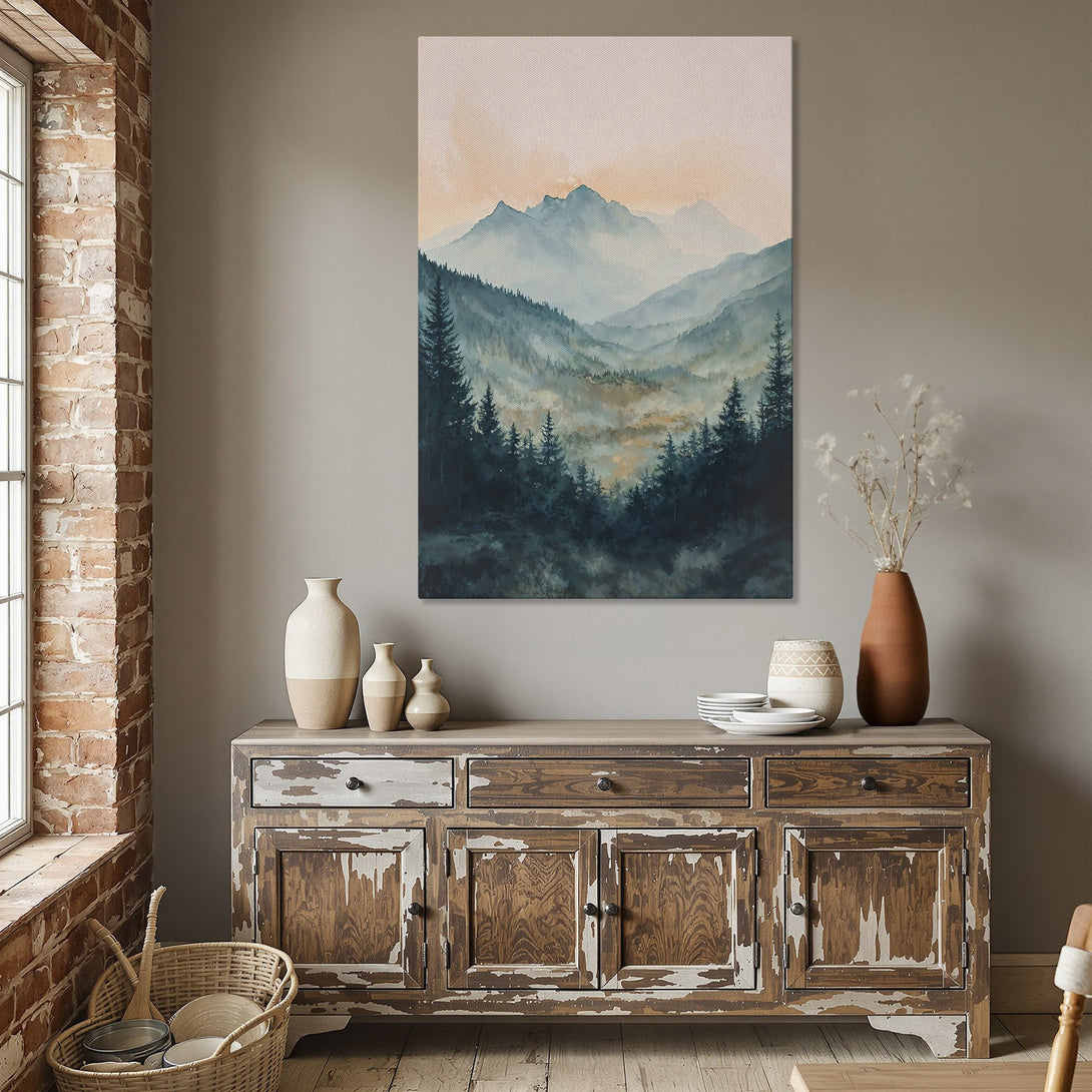 Framed Wall Art: Watercolor mountain landscape in teal and peach tones. Adds a serene touch to any dining room. Shop now for stunning wall decor!