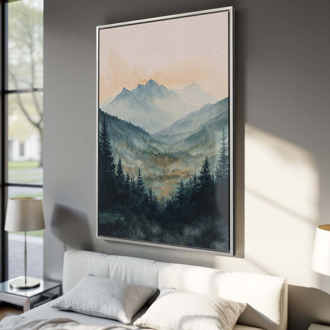 Framed Wall Art: Serene mountain landscape canvas print in teal and peach tones, perfect for adding a touch of nature-inspired tranquility to your home.