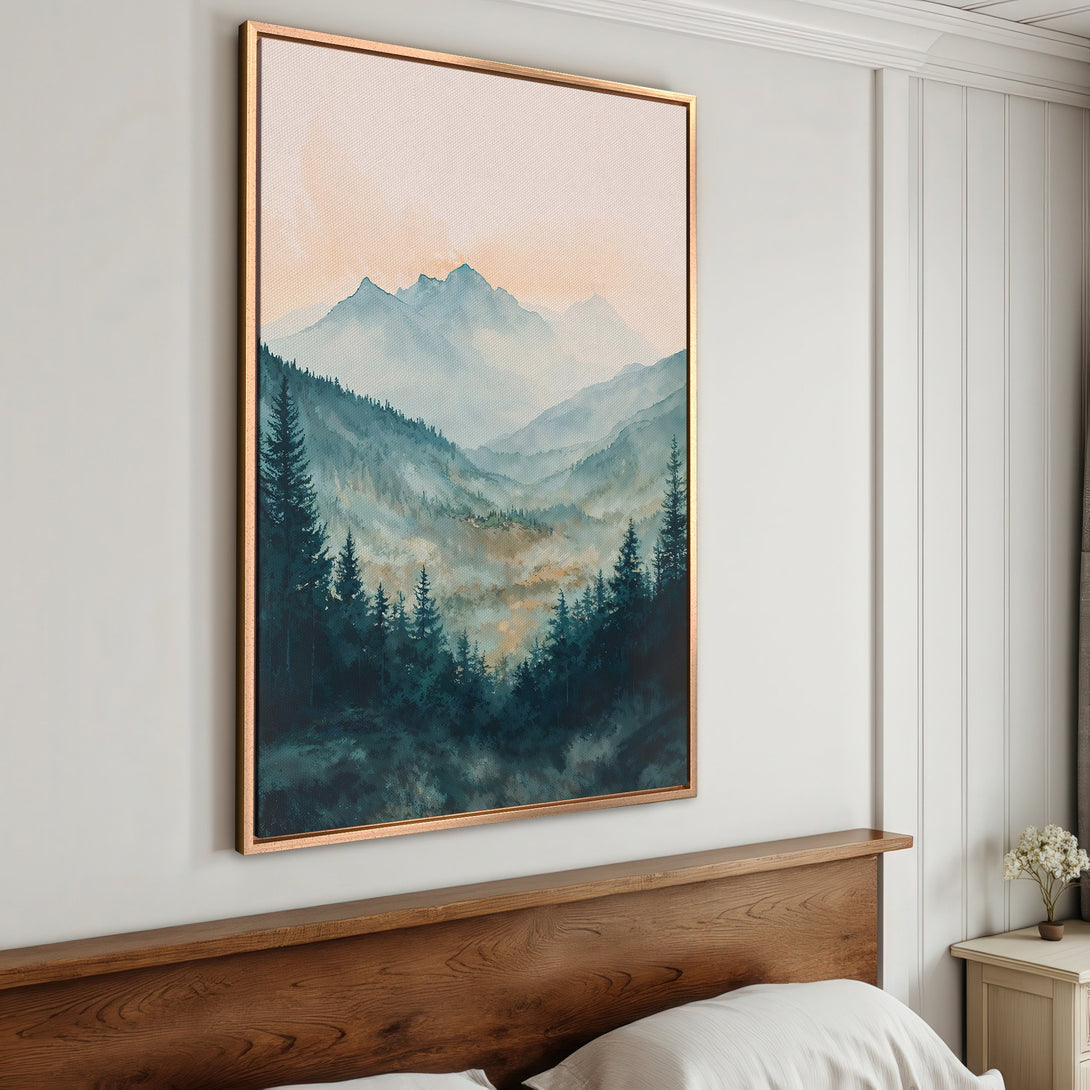 Framed Wall Art featuring a watercolor mountain landscape in teal and gold tones. Perfect for adding a touch of nature to your bedroom decor.
