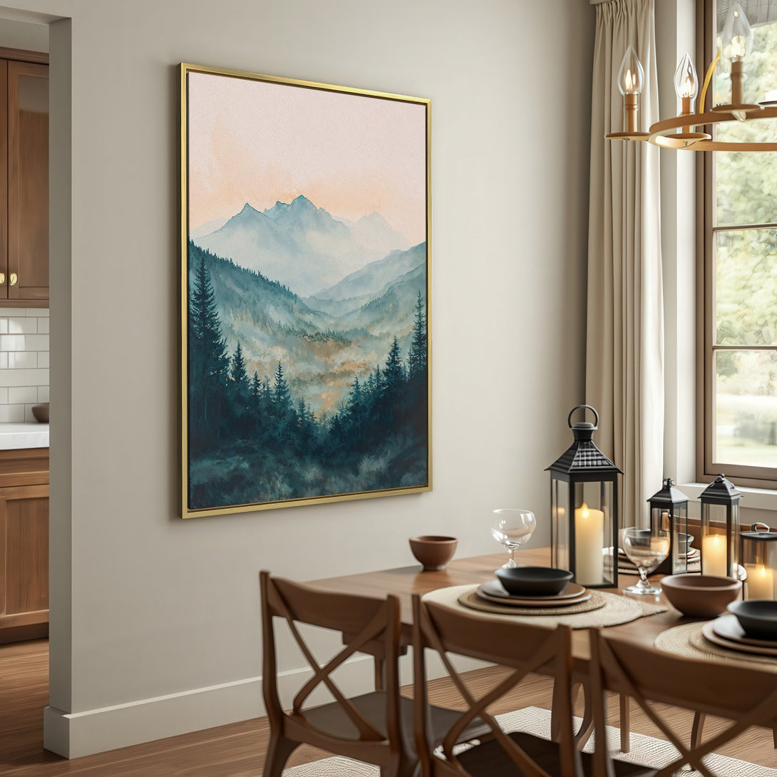 Canvas Print of a watercolor mountain landscape in teal and orange hues, displayed in a rustic interior setting.