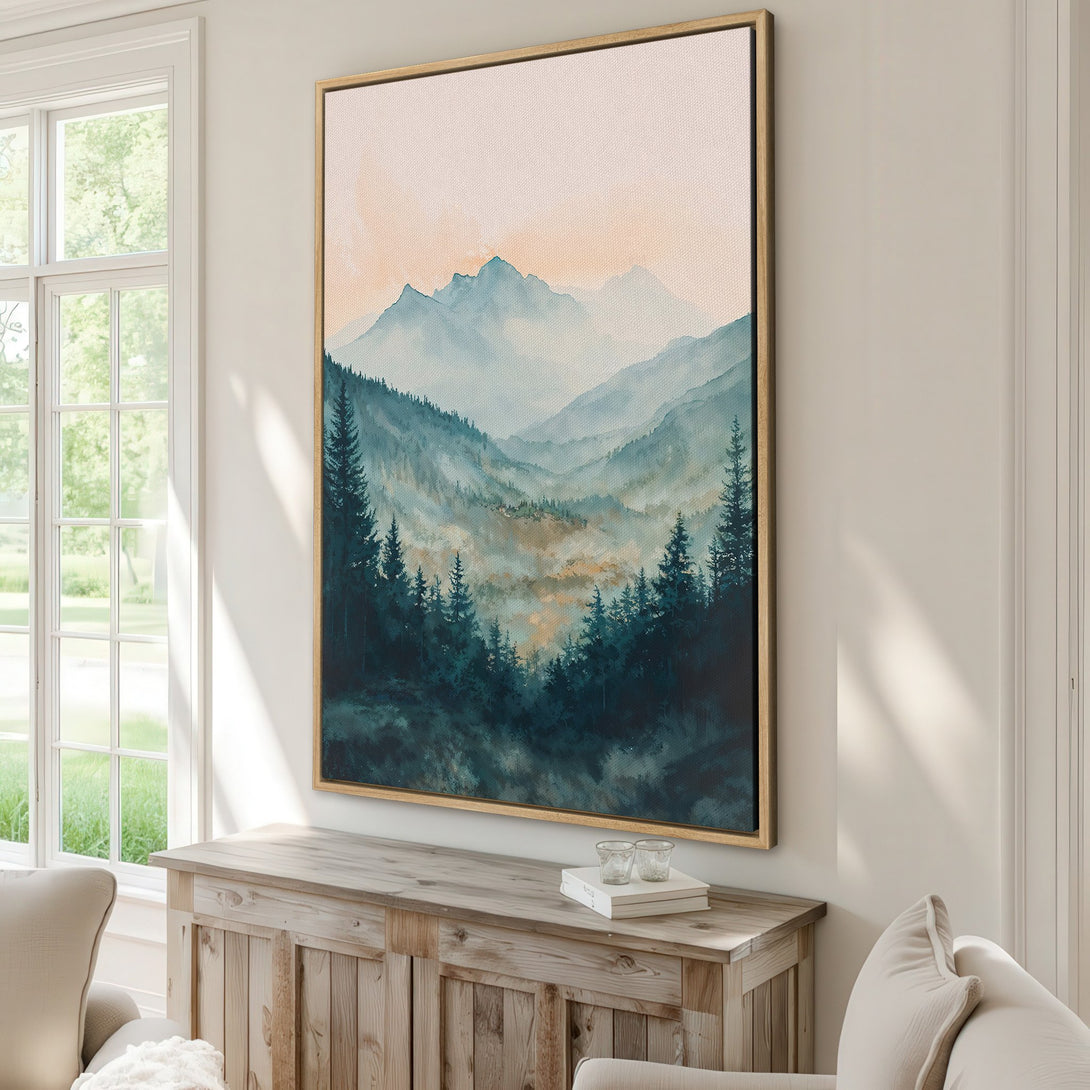 Framed Wall Art: Watercolor mountain landscape in teal and gold tones. Adds a serene touch to any space. Perfect for nature lovers.