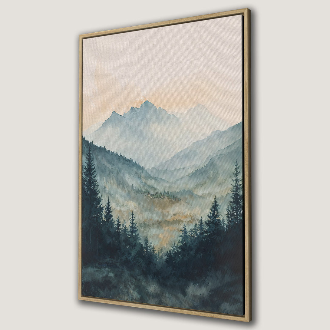Framed Wall Art: Watercolor mountain landscape in teal and peach tones. Serene forest scene Canvas Print perfect for adding a touch of nature to your home decor.
