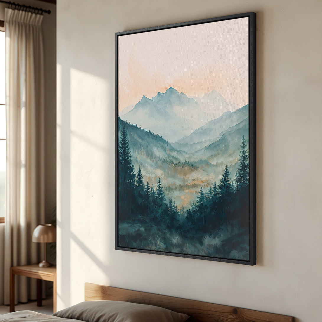 Framed Wall Art: Serene watercolor mountain landscape in teal and gold hues. Perfect for adding a touch of nature to your bedroom decor.